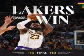 NBA常规赛:湖人队以115-113险胜勇士队,詹姆斯砍下31分4篮板10次助攻。
