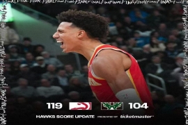 NBA赛事:老鹰队119-104大比分战胜雄鹿队,雄鹿结束7连胜。