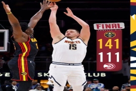 NBA赛事:掘金队以141-111大比分战胜老鹰队,约基奇发挥出色48+14+8.